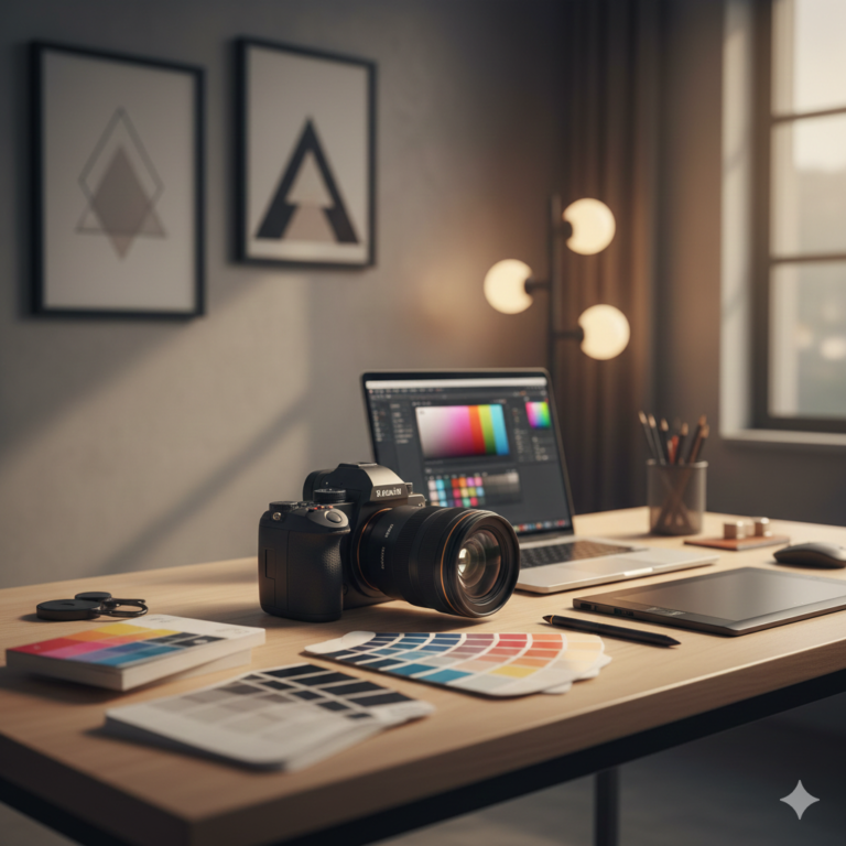 Creative studio workspace with camera, laptop, and design tools representing The Sriku Studios’ full creative services.