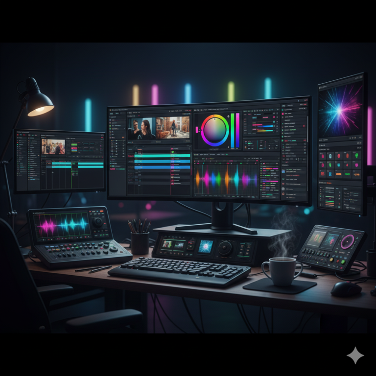 Advanced video editing tools including color correction, sound design, animation, and special effects, showcasing cutting-edge editing technology.