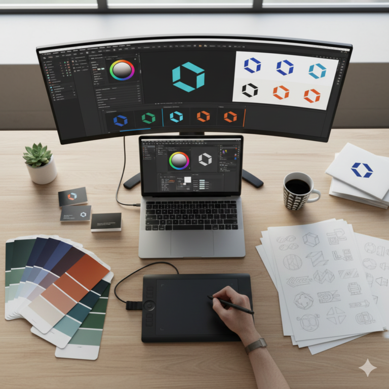 Branding design workspace with logo sketches, color swatches, and designer tools, showing creative brand transformation services.