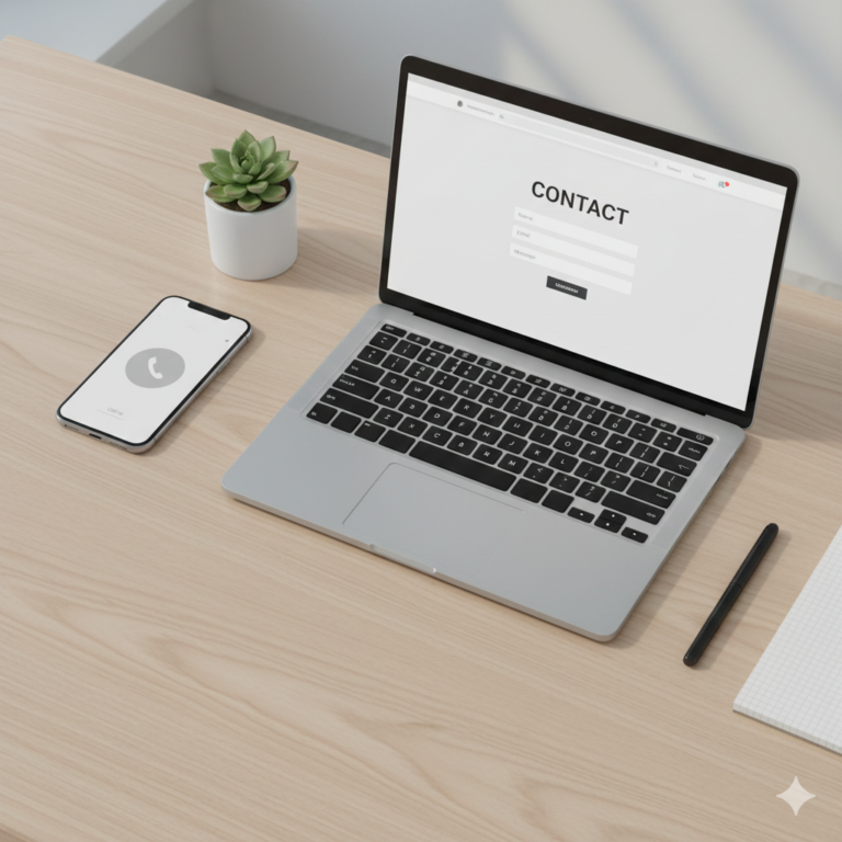 Modern contact workspace with smartphone, laptop, and stylus pen on a clean desk, representing easy online communication for design services.