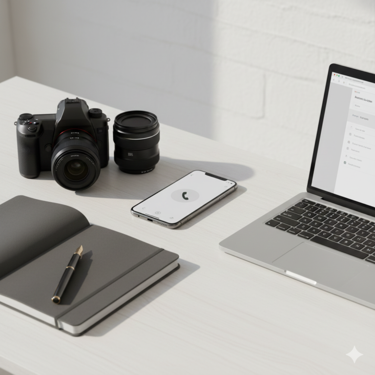 Minimal contact-themed image with phone, camera, and laptop representing easy online contact for all The Sriku Studios services.