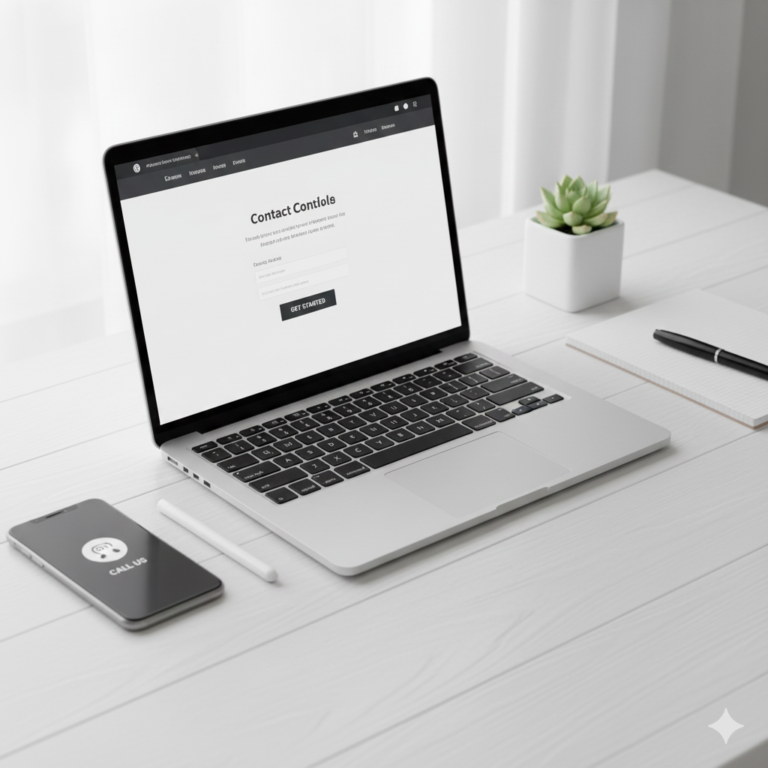 Minimal contact and consultation workspace with laptop and smartphone, representing custom WordPress website creation services.