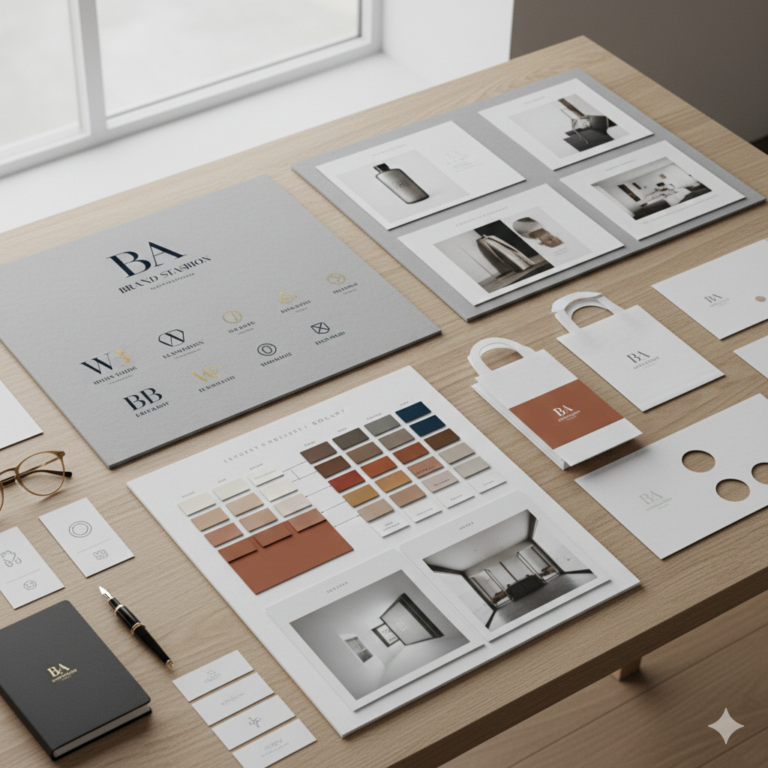 Custom brand design concepts with mood boards, logo variations, color theory palettes, and packaging design ideas.