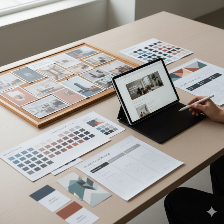 Custom WordPress website design concepts with UI mockups, color palettes, and branding layouts, representing tailored business website solutions.