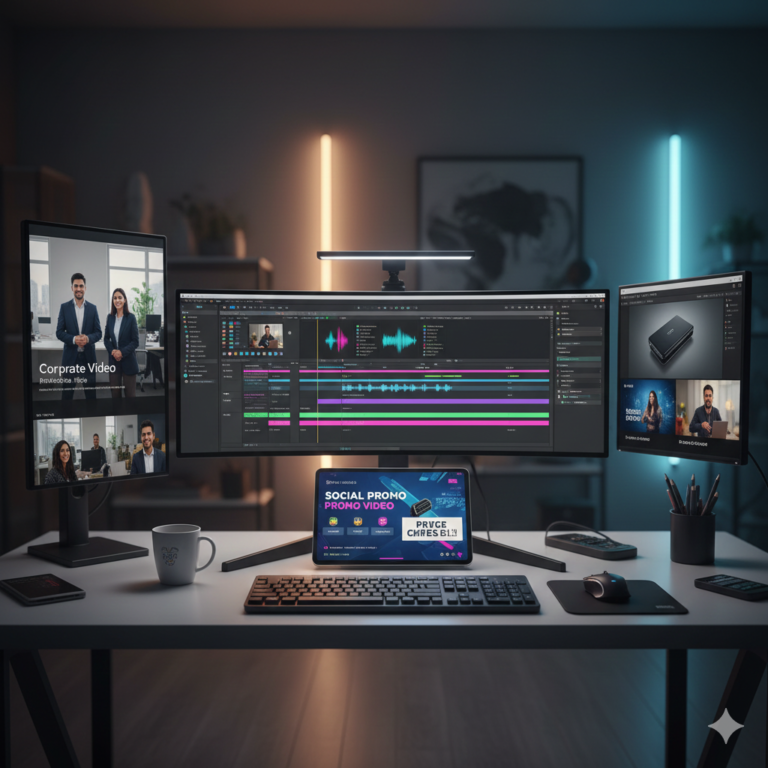 Video editing workspace displaying multiple project types including corporate videos, product demos, and promotional video edits.