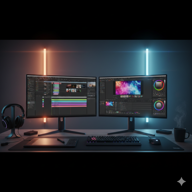 Online video editing workspace with dual monitors and professional editing tools, representing premium digital video editing services.