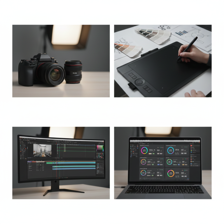 All-in-one creative services setup showing photography, graphic designing, video editing, and digital marketing tools.
