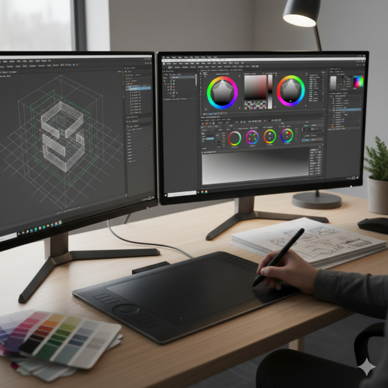 Professional graphic designer desk with dual monitors, stylus tablet, color wheels, and design software interface, showcasing expert creative skills.