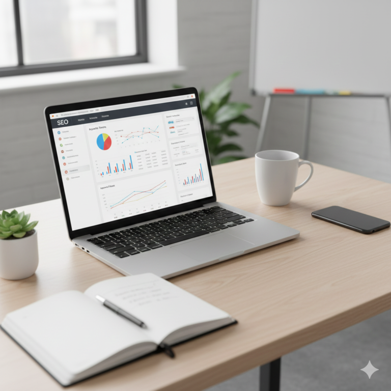 SEO-focused digital marketing workspace with analytics dashboard and keyword tools, representing optimized WordPress website ranking services.