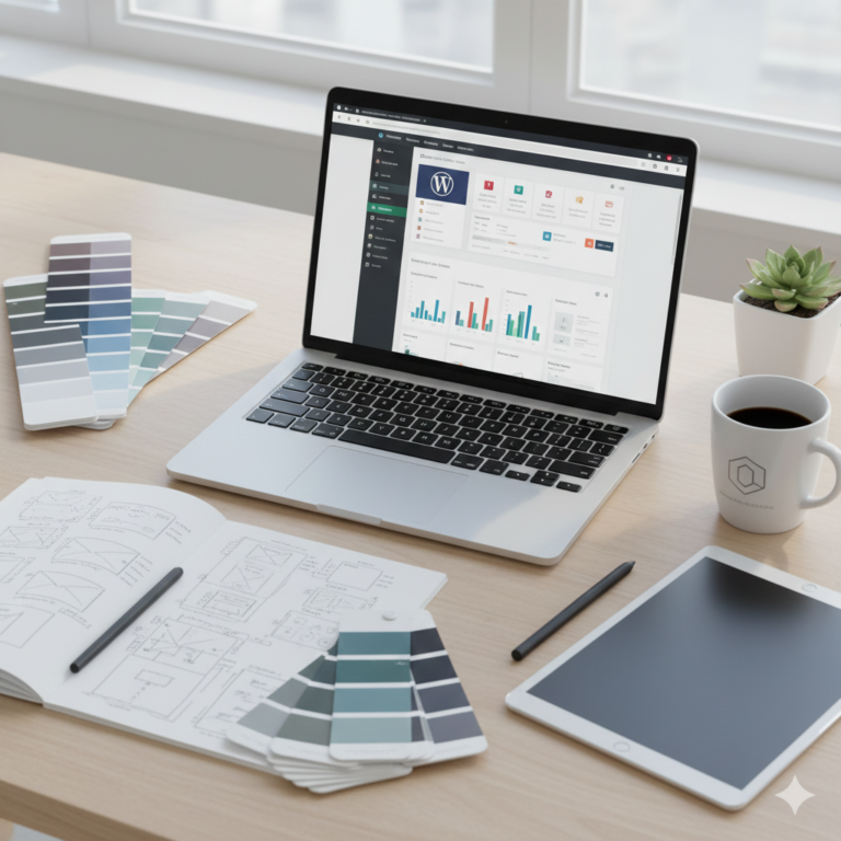 WordPress website designing workspace with laptop, wireframes, and design tools, representing expert WordPress website creation services.