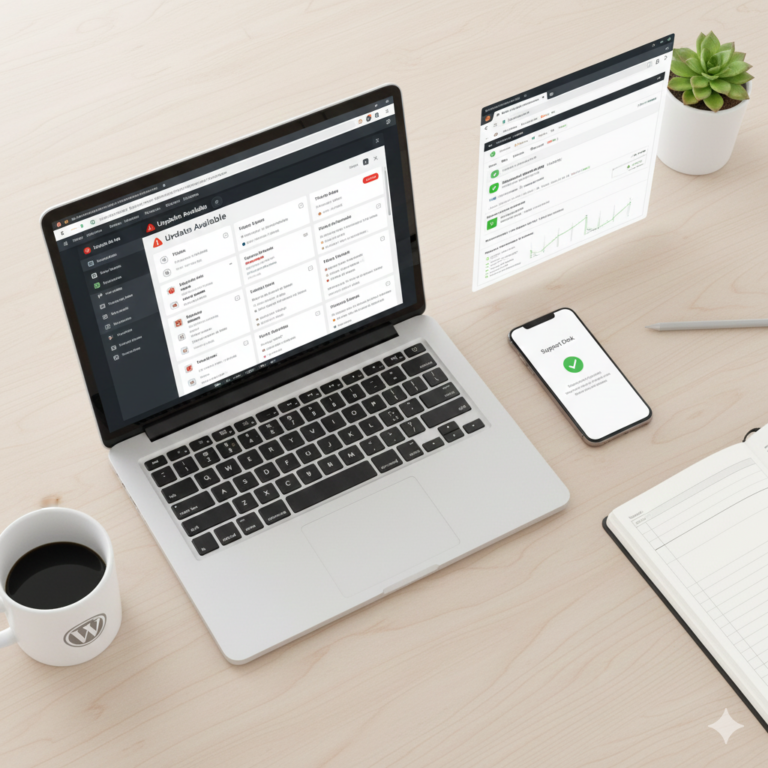 WordPress maintenance workspace with update tools, backup dashboard, and support setup, ensuring secure and smooth website performance.